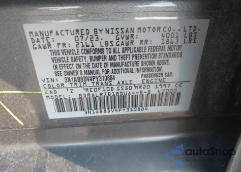 2023 Nissan Sentra Sr Xtronic Cvt z USA, uszkodzony, nr VIN 3N1AB8DV4PY310884